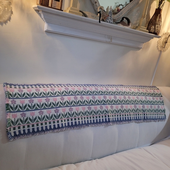 Other - Floral table runner with picket fence detail cotton with fringe blue/pink